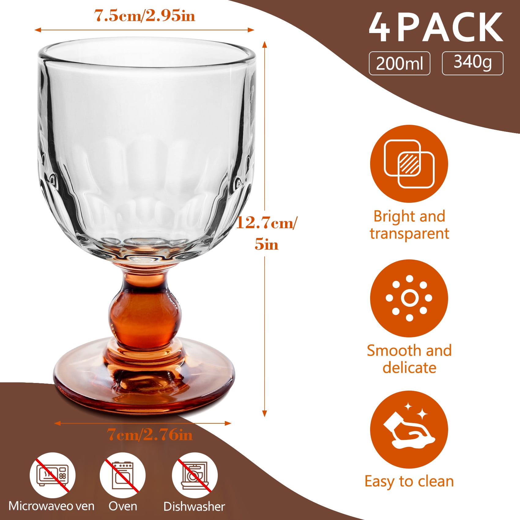 Funxee Cocktail Glasses Set of 4- Glassware for Kitchen, Vintage Wine Goblets, Whisky Stemware- Elegant Barware for Dinner Party, Wedding, Restaurant (6.7 oz, Brown)
