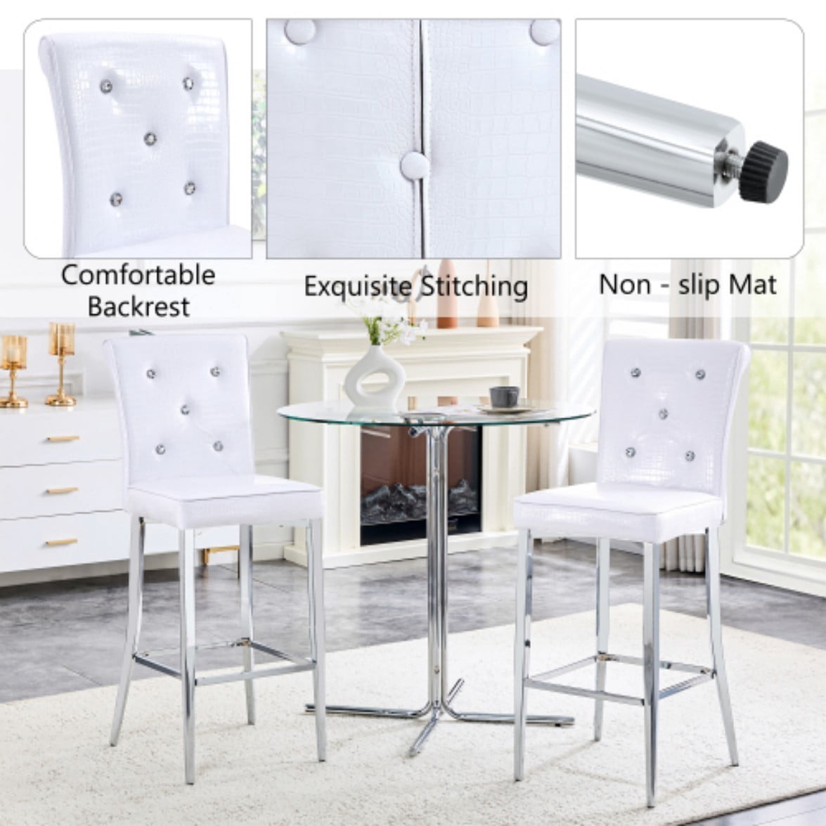 Set of 2 Vintage Bar Chairs, Faux Crocodile Leather Upholstered Stools with Crystal Button Details, Adjustable Feet for Kitchen Island & Bar, White & Silver
