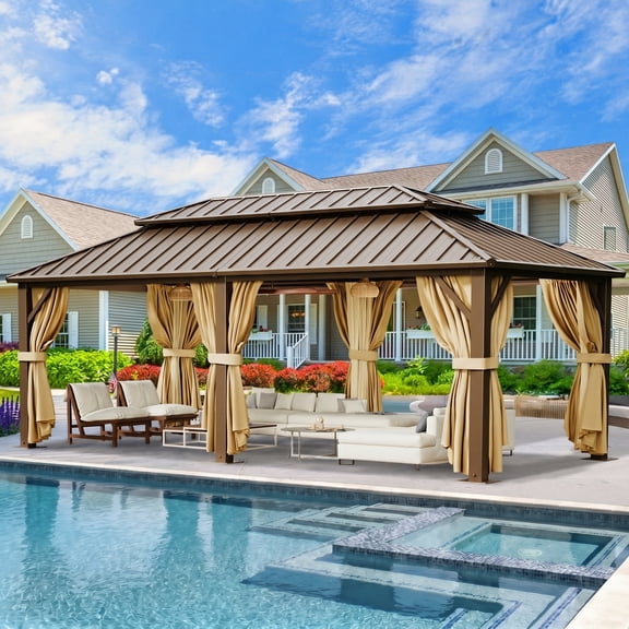 HOTEEL 12x20 Hardtop Gazebo with Metal Roof, Heavy Duty Galvanized Steel Patio Hard Top Gazebos, Outdoor Permanent Screened in Gazebo with Curtains, for All-Weather, Brown