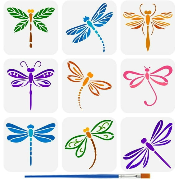 9 PCS Dragonfly Stencils for Painting with Brush 5.9x5.9inch Reusable Flying Dragonfly Template Hollowed Flower Leaves Stencil Animal Theme Template for Wall Floor Furniture Decoration