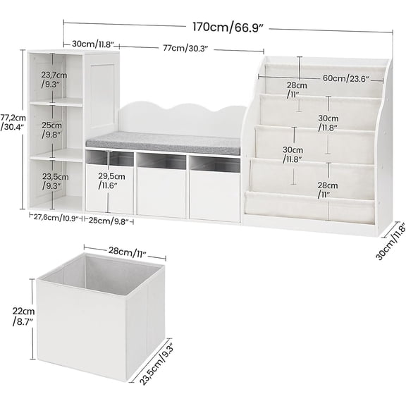 66.9" Kids Bookshelf with Reading Nook, 3-in-1 Storage Unit with Cushion and Sling Shelf