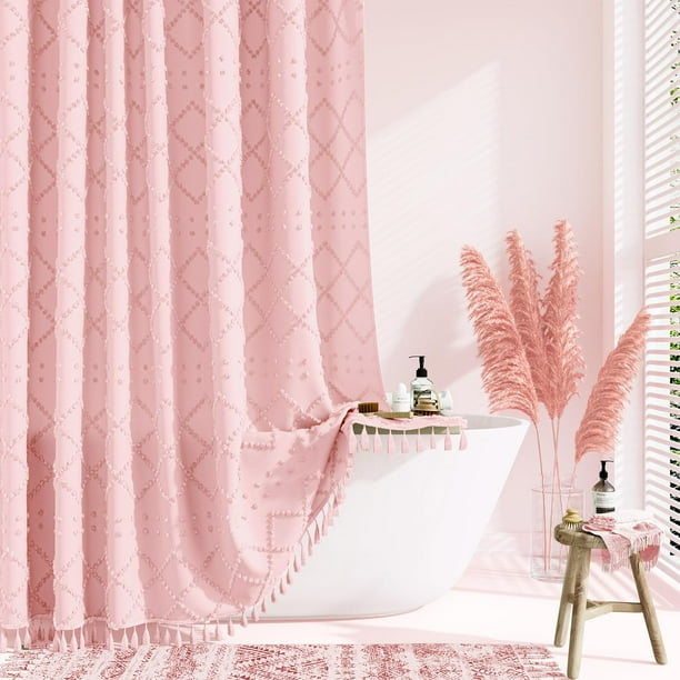 Dynamene Cortinas De Ducha Extralargas De 84 Pulgadas De Largo, Cortinas De Ducha De Tela A Rayas Geométricas Con Mechones Boho Para Baño, Juego De Cortinas De Ducha De Tela Impermeables Altas Y Shabb