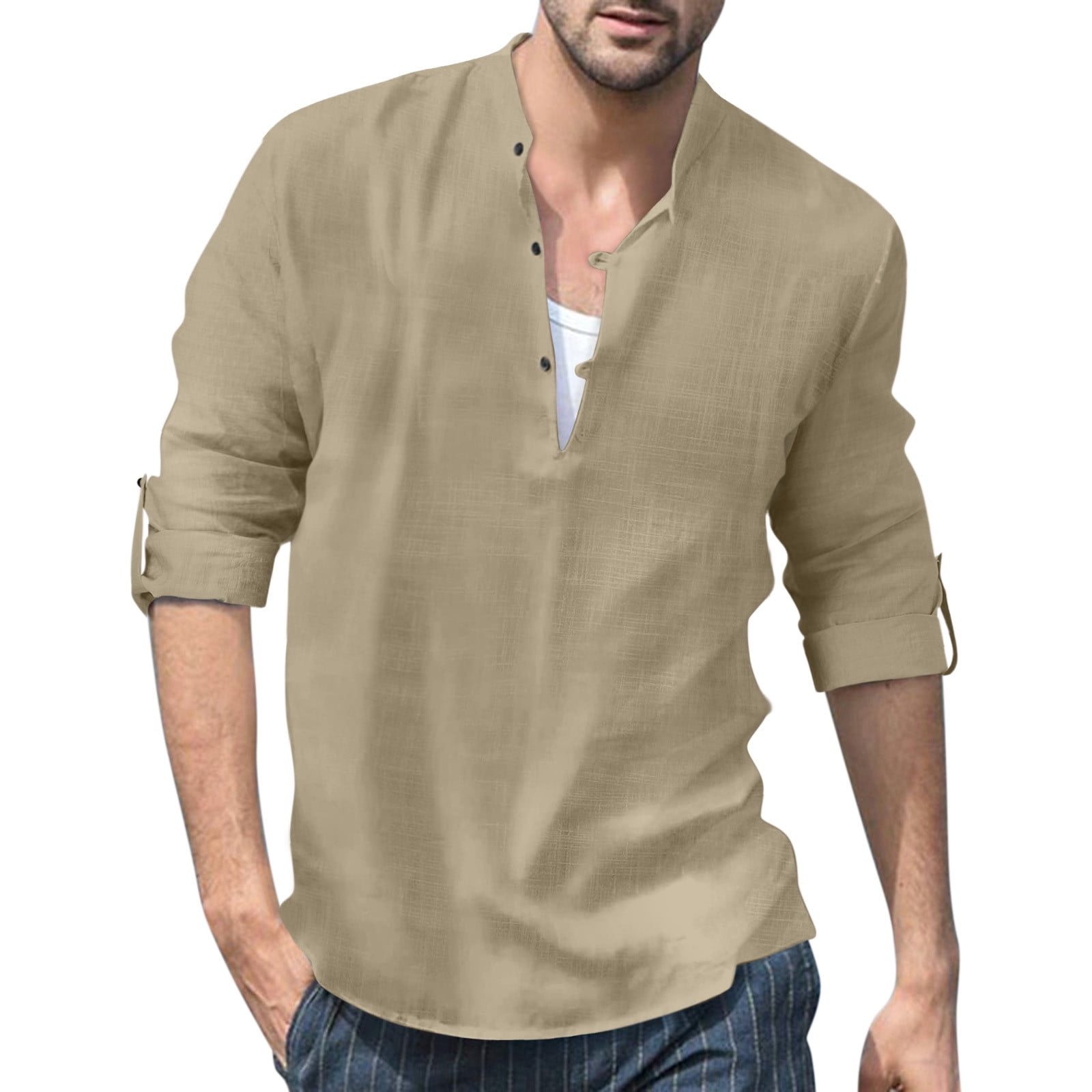 Men T Shirts Solid Roll Up Sleeve Long Sleeve Stand Collar Tee Beige M ...