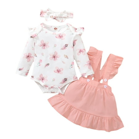 

KIMI BEAR Baby Girls Romper Outfits 6 Months Newborn Girls Fall Winter Clothing Set Floral Pattern Print Long Sleeve Jumpsuit Suspender Dress Headband 3PCs Set 6-12 Months Pink