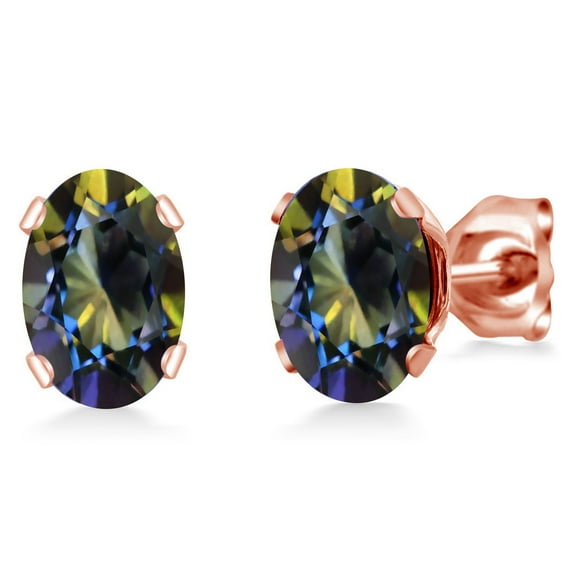 Gem Stone King 1.90 Ct Oval 7x5mm Blue Mystic Topaz Brass Rose Gold Plated Brass Stud Earrings for Women Men