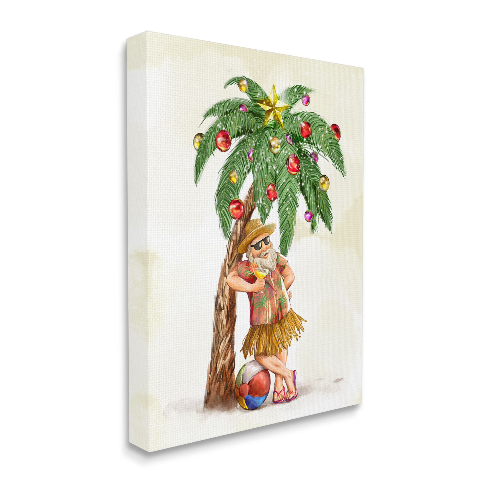 Tropical Santa Claus Lounging Palm Tree Ornaments Coastal Painting Gallery-Wrapped Canvas Print Wall Art