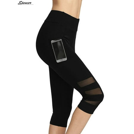 Spencer Womens High Waist Yoga Capri Pants with Side Pockets Tummy Control Workout 4 Way Stretch Yoga Leggings 