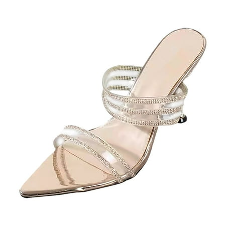 

Cathalem Women Shoes Summer Straight Line Sandals Fashion Open Toe Rhinestone Thin Heel Party Shoes Gold 38