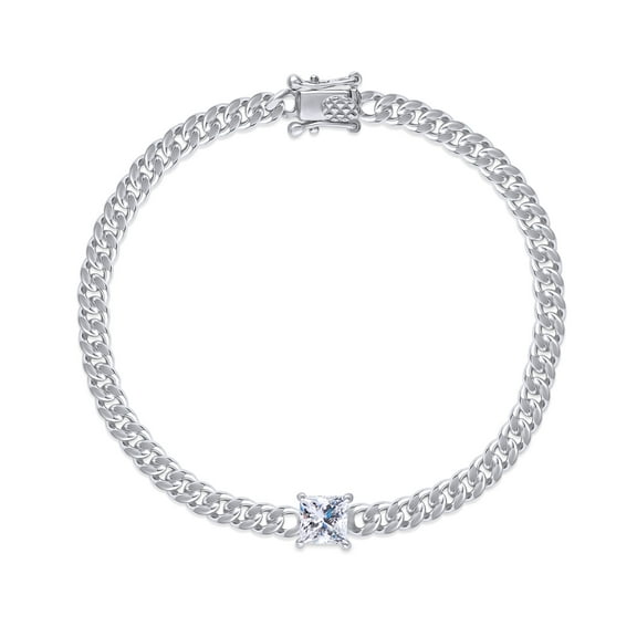 2/3CT 5MM Princess Cut Lab Created Moissanite Diamond Solitaire Cuban Link Chain Bracelet In 14K White Gold Over Sterling Silver Size : 6 Inch(G-H Color,VVS1 Clarity,0.70Cttw)