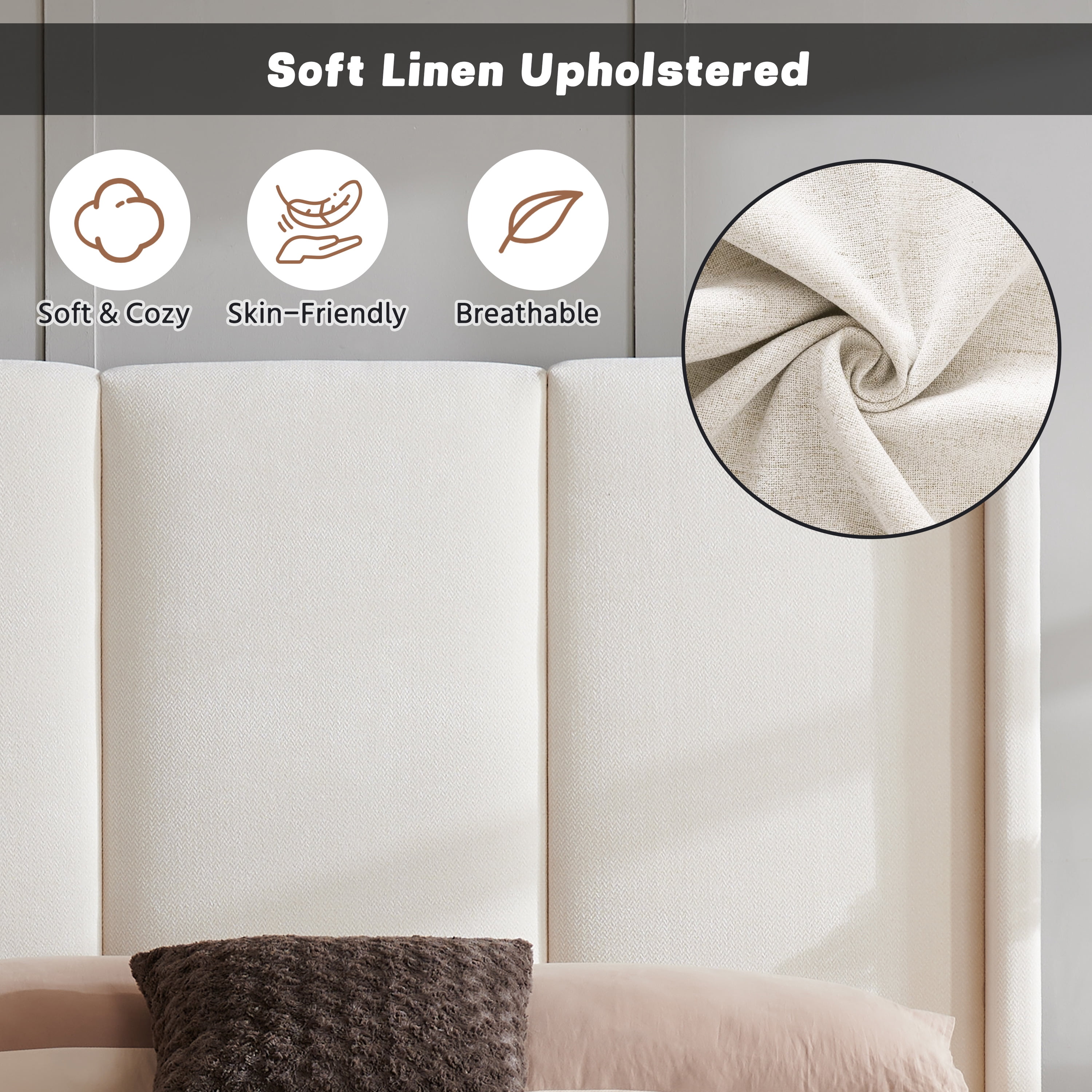 King Size Bed Frame and Upholstered Headboard, Solid Wood Platform Bed with Storage Drawers, Durable Wooden Slats, Solid and Stable, Noiseless, No Box Spring Needed, Easy Assembly, Beige