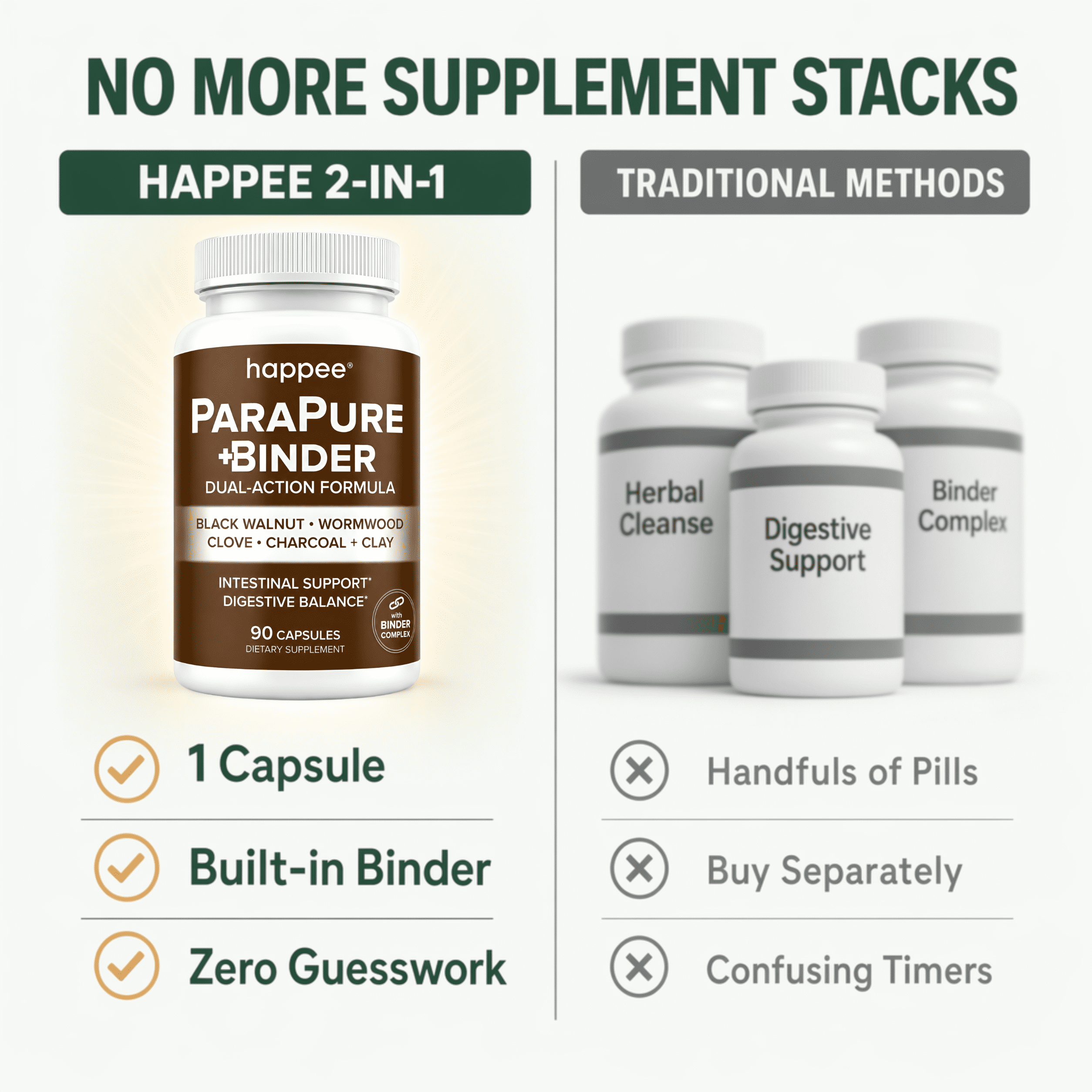 Happee Parasite Cleanse with Binder - Black Walnut & Charcoal for Digestive Support - 90 Capsules