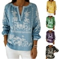 thumbnail image 3 of Womens Boho Linen Tops 3/4 Sleeve Shirt V Neck Floral Printed Beach Travel Outfits for Women Spring Summer (L, Yellow), 3 of 5