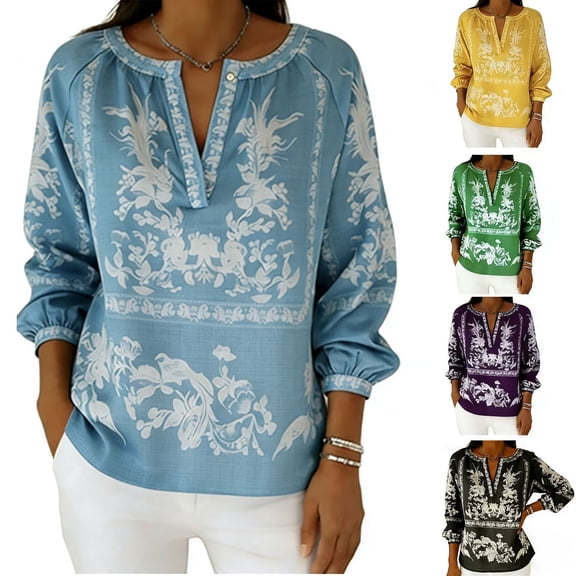 Womens Boho Linen Tops 3/4 Sleeve Shirt V Neck Floral Printed Beach Travel Outfits for Women Spring Summer (XL, Light Blue)