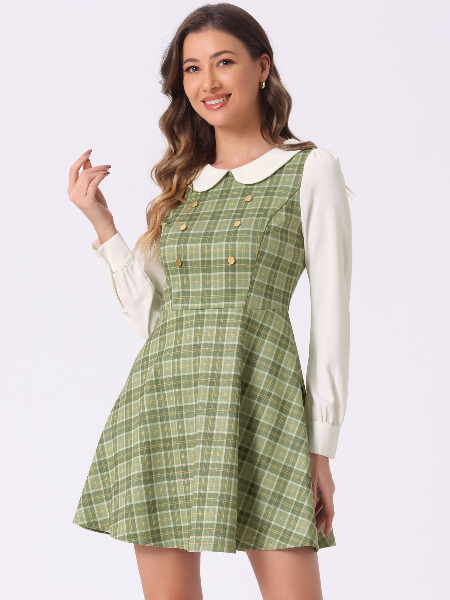 DARING DIVA Women's Plaid Peter Pan Collar Mini A-Line Dress S Light Green