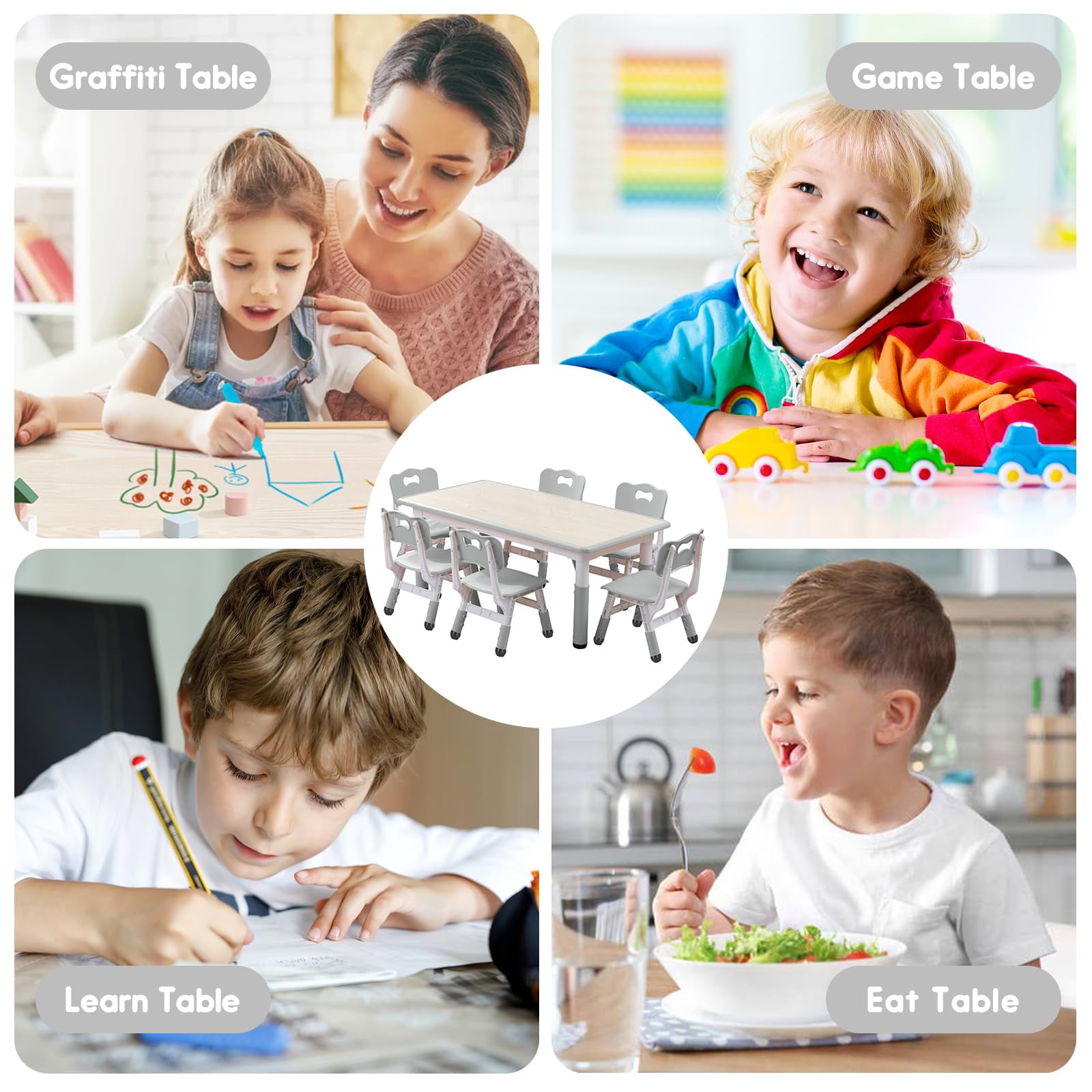 Kids Table and Chairs Set, Height Adjustable Desk With 6 Seats for Ages 3-12,Arts & Crafts Table,Graffiti Desktop, Children Multi-Activity Table for Classrooms,Daycares,Home