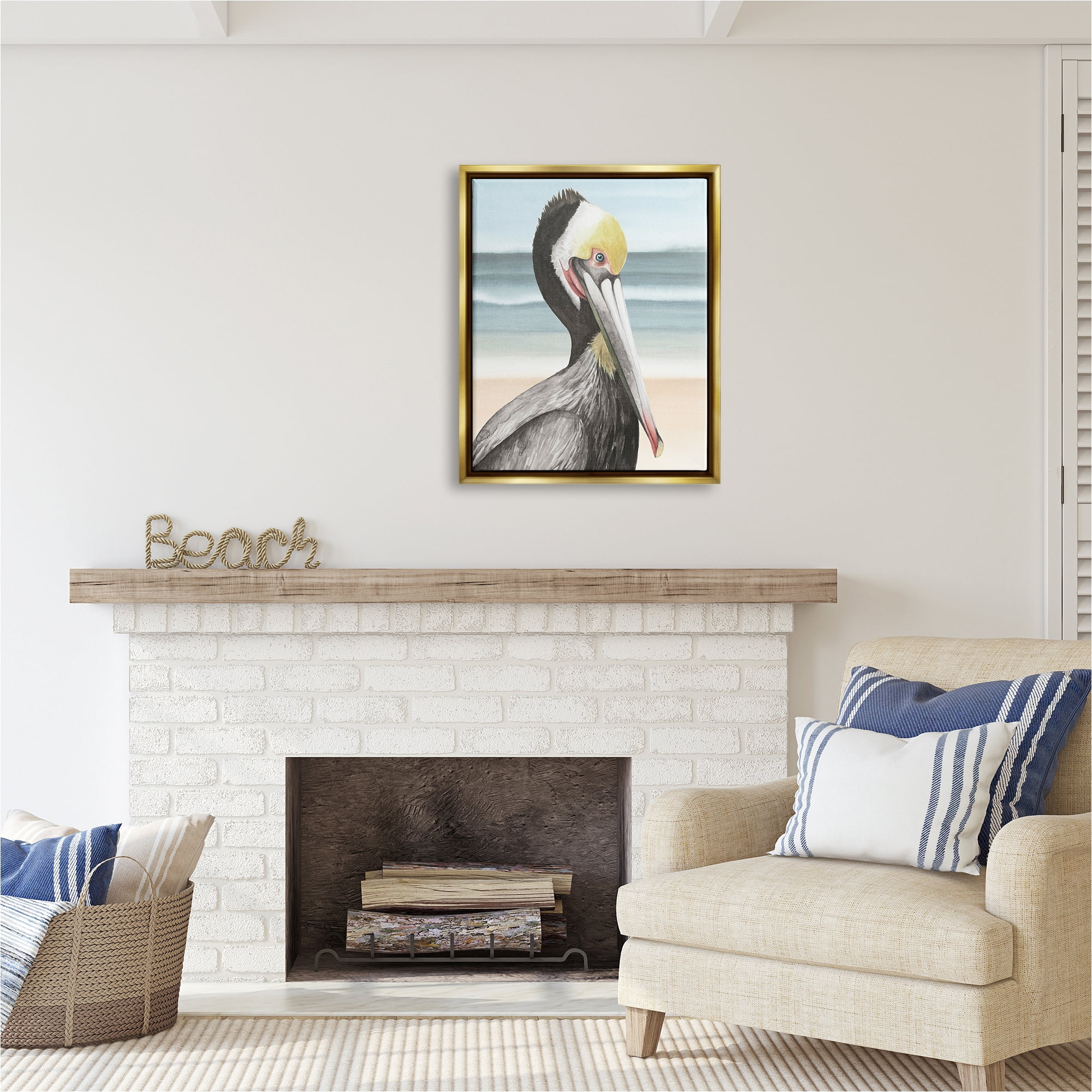 Stupell Industries Pelican Portrait on Beach Animals & Insects Painting Gold Floater Framed Canvas Art Print Wall Art, 25 x 31