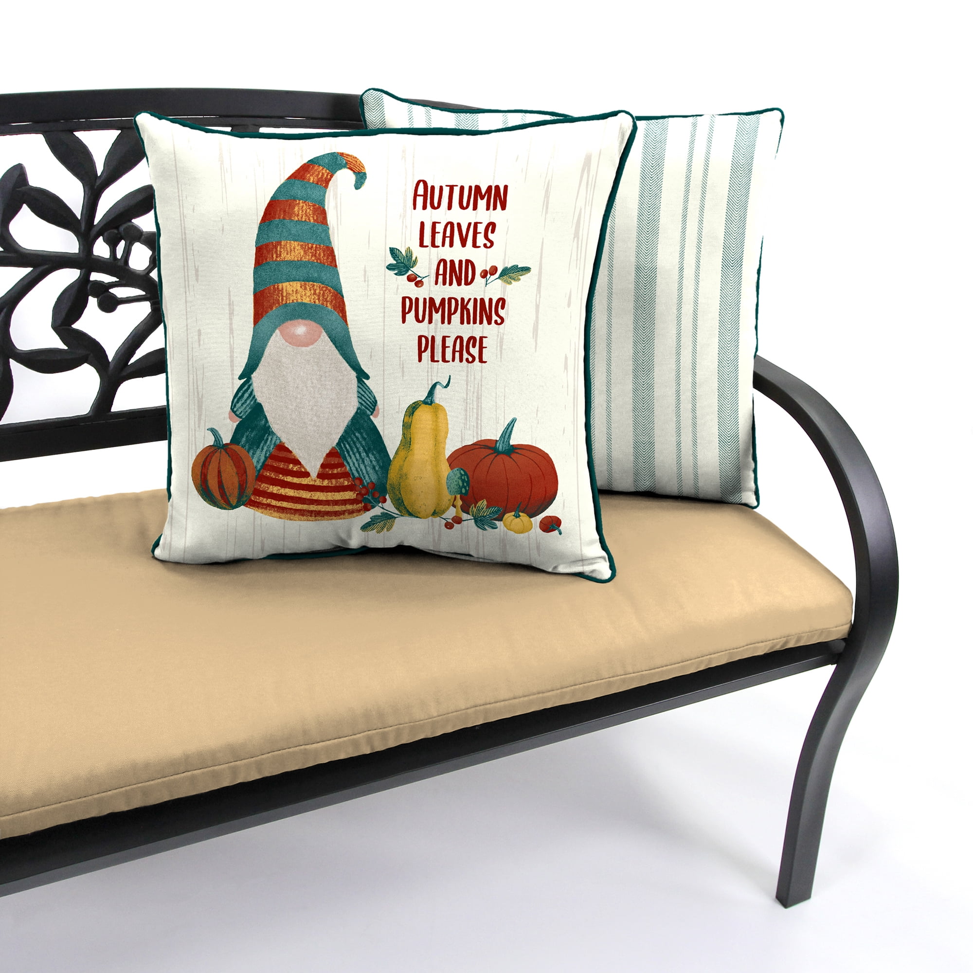 Mainstays Fall Leaves Gnome Reversible Outdoor Throw Pillow, 16", Cream Novelty and Teal Stripe