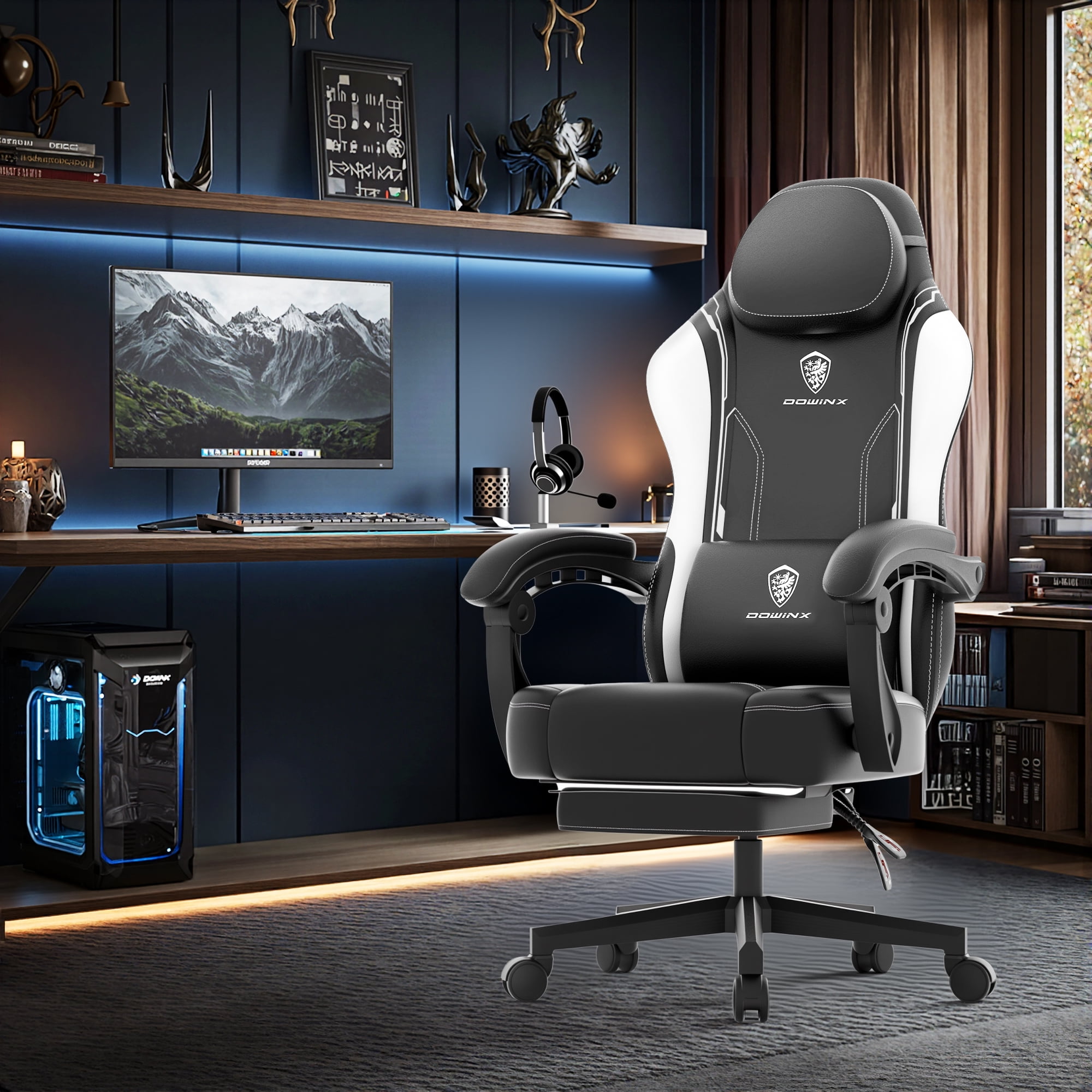 Dowinx Gaming Chair with Pocket Spring Cushion for Adults, Ergonomic Computer Chair with Footrest and Massage Lumbar Support for Office, Gaming, 300LBS, White