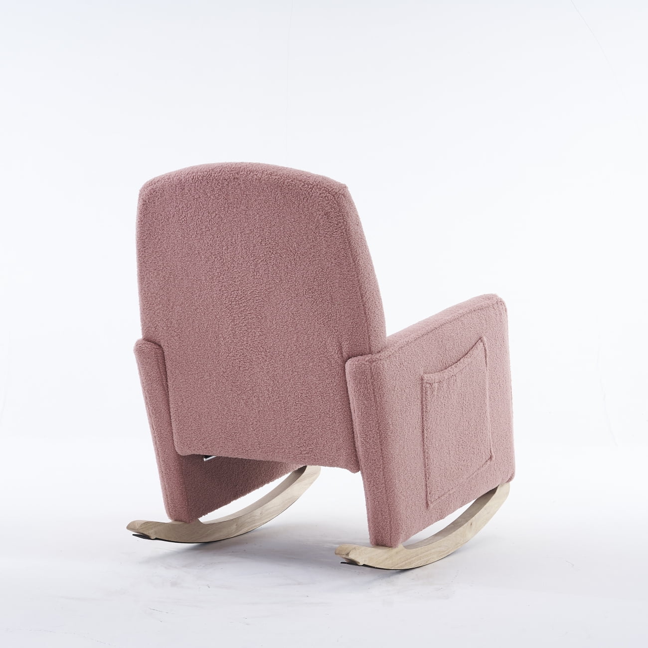 Teddy Fabric Nursery Rocking Chair With Adjustable Footrest, Upholstered Glider Armchair with Safe Solid Wood Base and Side Pocket for Living Room Bedroom (Pink)