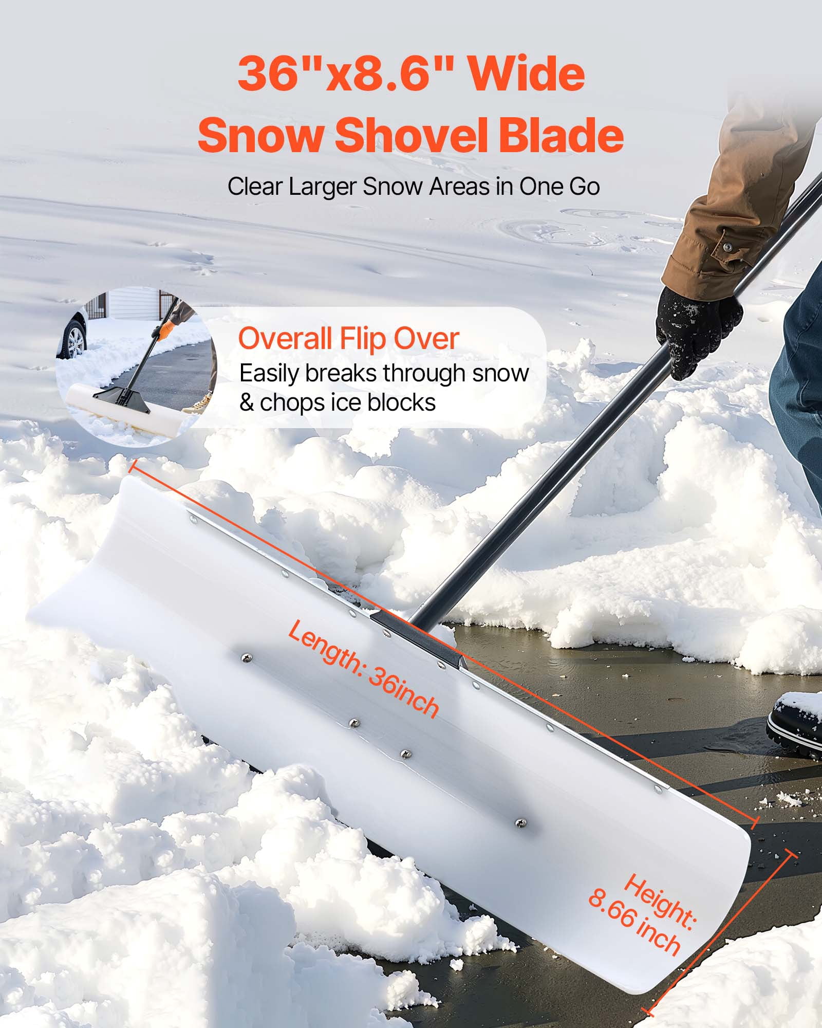 VEVOR Snow Pusher Shovel, 36 in Outdoor Snowplow Shovel with Ergonomic Grip, HDPE Plastic Blade, Winter Shovels with Segmented Handle, Metal Edged Strip,Portable Snow Removal Tool for Driveway Garden
