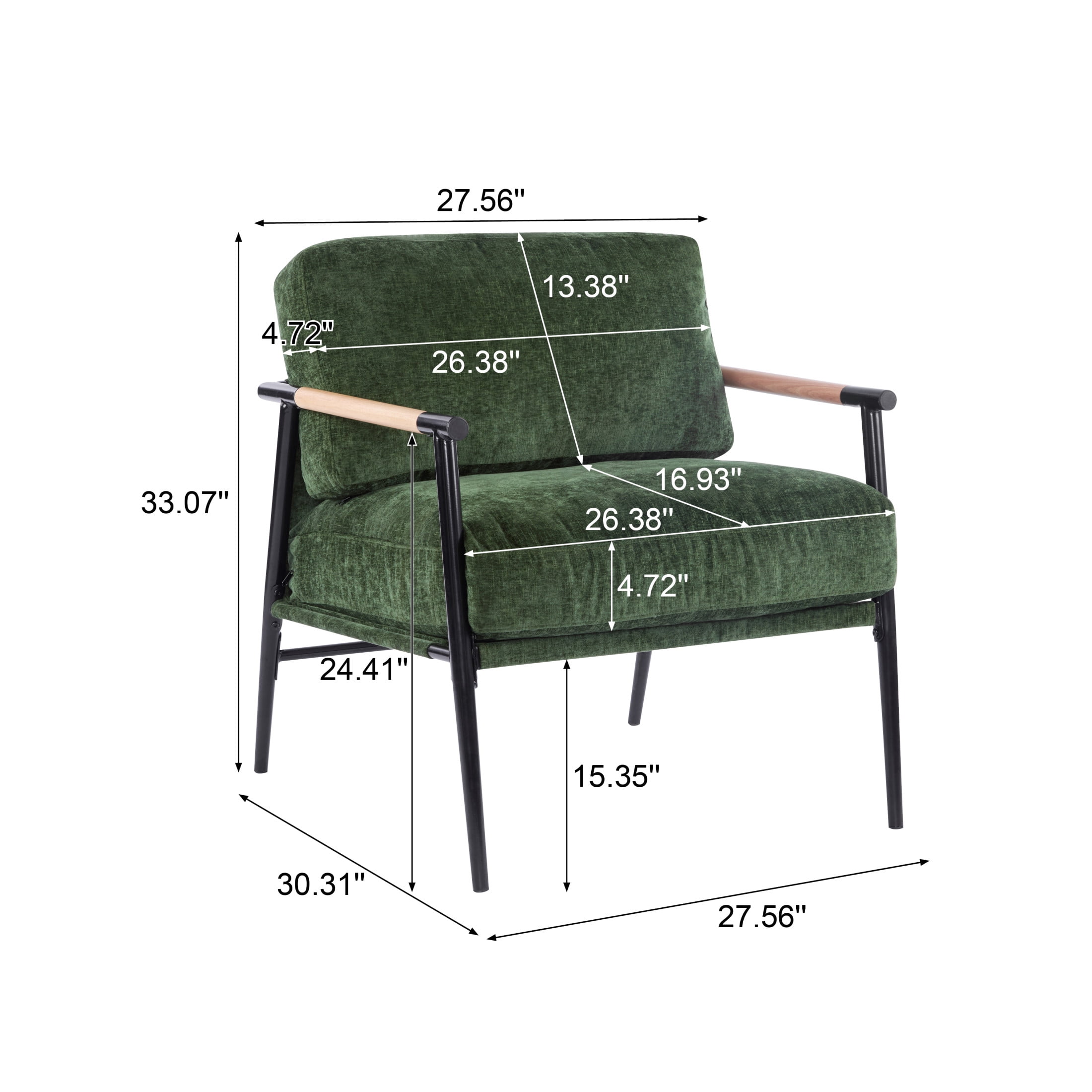 Modern Armchair with Metal Frame & Natural Wood Armrests, Plush Cushions, Green+Black