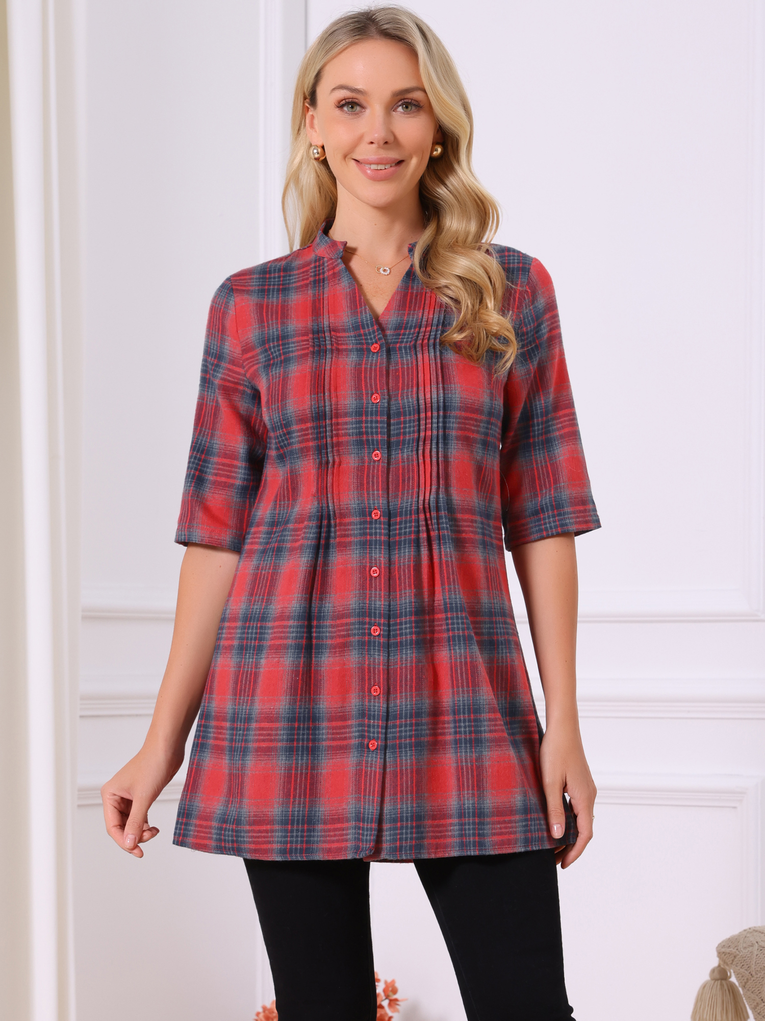 DARING DIVA Women's Check Top V Neck Half Sleeve Casual Tunic Blouse Red M