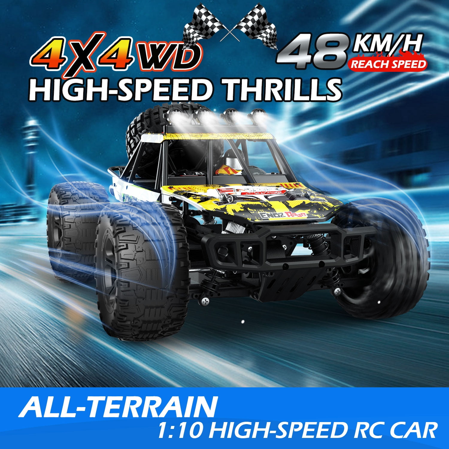 JoyStone 1:10 Large RC Car 35+MPH Hobby Grade Fast RC Truck with Lights, 4WD All Terrain off Road Monster Truck Electric Vehicle with 2 Batteries for Adults Boys, Yellow
