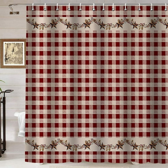Brown Texas Star Western Shower Curtain, Primitive Star Red and Beige Buffalo Plaid Rustic Country Farmhouse Bathroom Decor, Waterproof Polyester Fabric Shower Curtain, 72 X 72 Inch, Berry