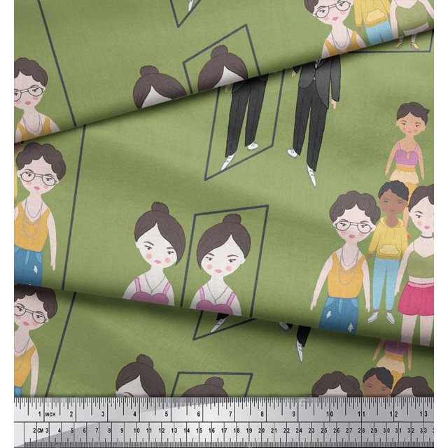 Soimoi Green Modal Satin Fabric Mirror Theme Human Figure Print Sewing Fabric Yard 42 Inch Wide