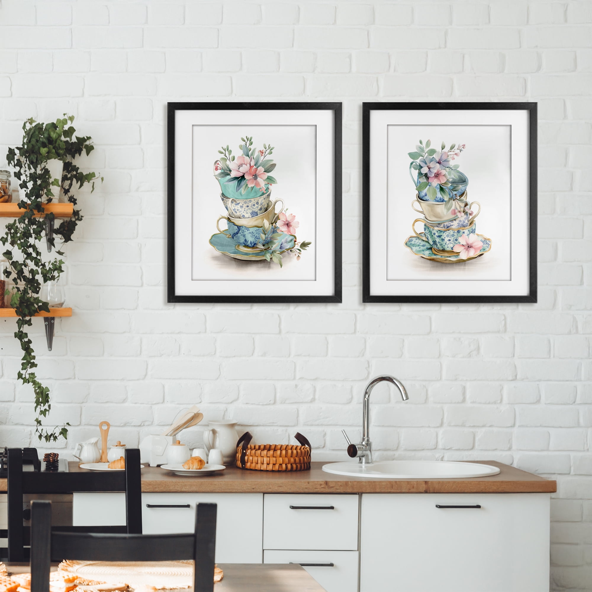 Stupell Industries Stacked Teacup Chinoiserie 2 Piece Black Framed Print Under Glass Set, design by Kim Allen