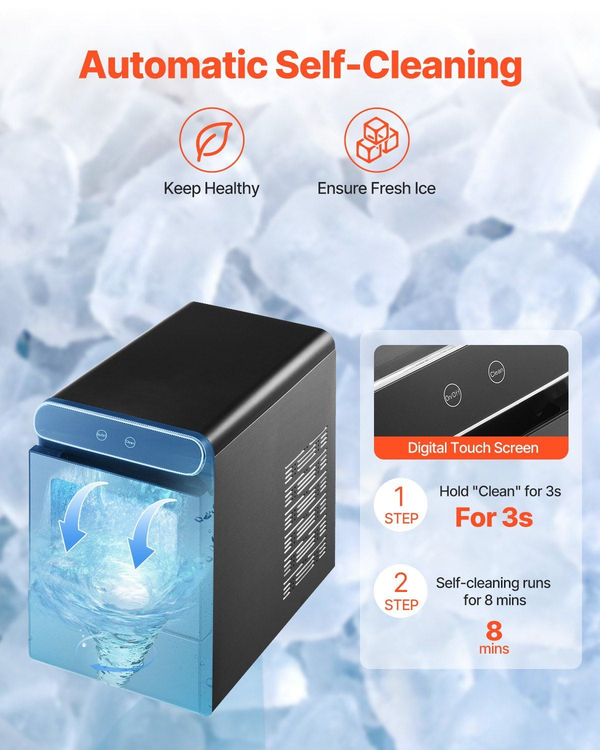 37Lbs/24H Countertop Nugget Ice Maker with Self-Cleaning Function, Includes Scoop Basket – Ideal for Home & Commercial Use