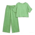 thumbnail image 4 of IWRICH 2 Piece Outfits for Women Half Sleeve Linen Sets Crew Neck Tops Wide Leg Pants Set Plus Size Summer Matching Suits Green XXXL, 4 of 4