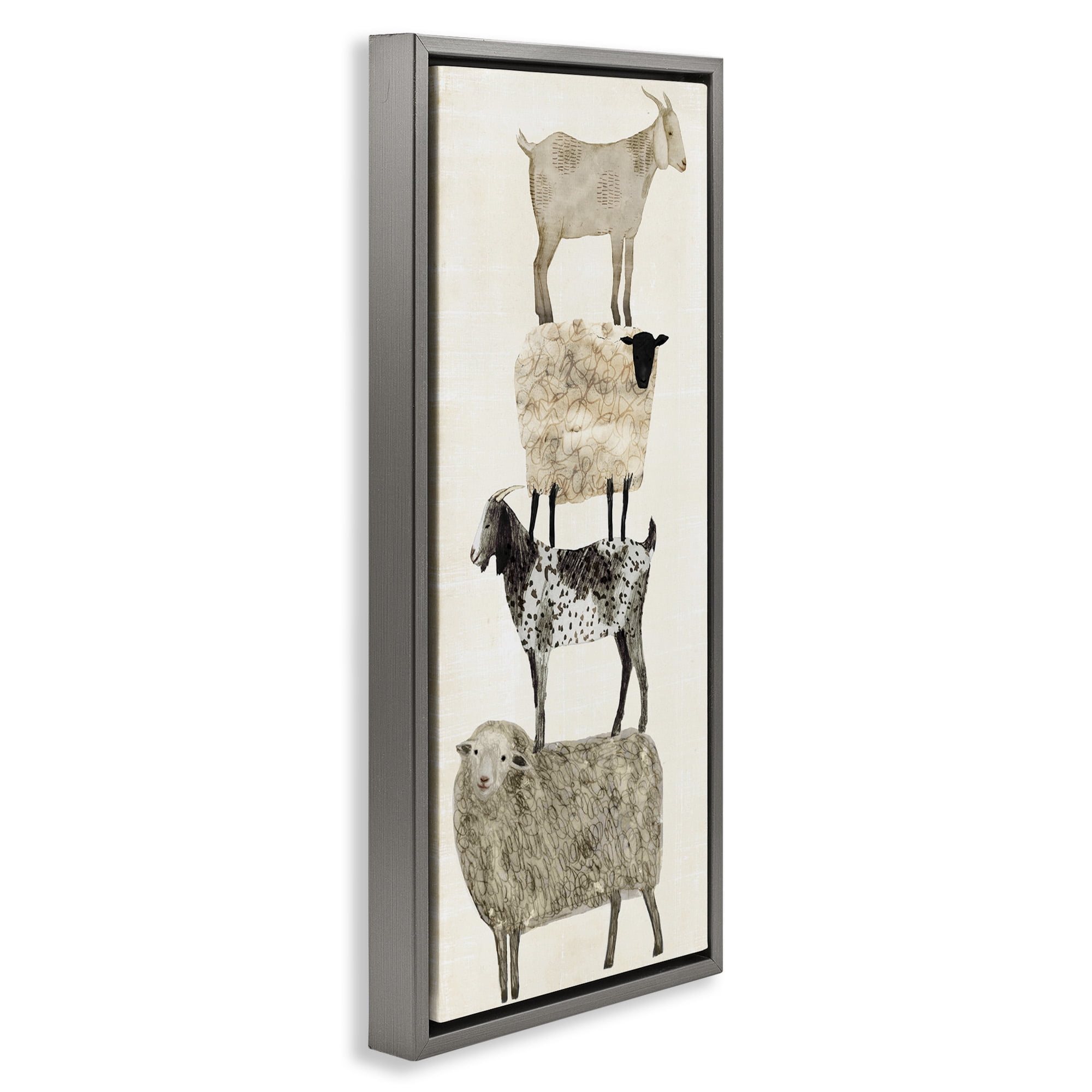 Stupell Industries Fun Stacked Sheep & Goats Farm Animals Animals & Insects Painting Gray Floater Framed Canvas Art Print Wall Art, 11 x 25