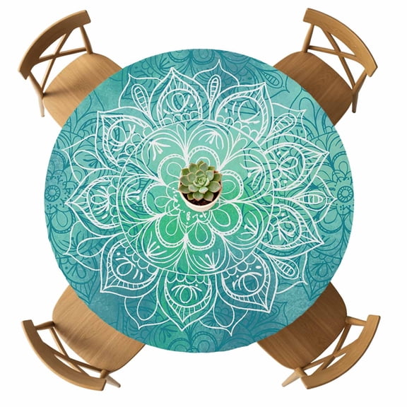 Round Fitted Tablecloth with Elastic Turquoise Boho Floral Tablecloths Waterproof Oil Proof Bohemian Flower Table Cover for Kitchen Dinner Holiday Party Picnic Fits Tables up to 36"- 44" Diameter