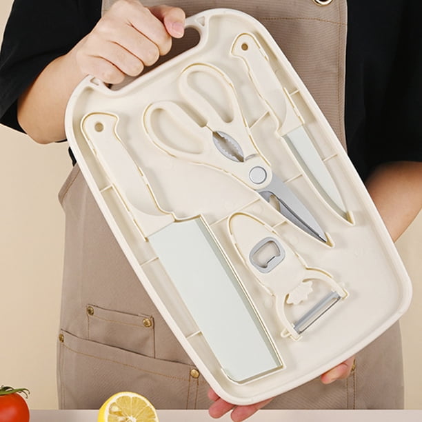 Juego de herramientas de cocina multifuncional | Juego de utensilios de cocina de 5 piezas | Tabla de cortar, cuchillos, tijeras, pelador | Plástico ecológico para paja de trigo | Diseño compacto