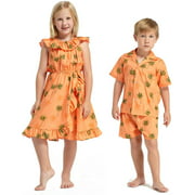 Matching Boy and Girl Siblings Hawaiian Luau Outfits in Orange Palm Trees
