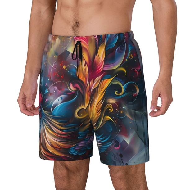Fotbe Vibrant Rooster Painting Traje de Baño para Hombre – Shorts de Natación de Secado Rápido con Forro y Bolsillos-Large