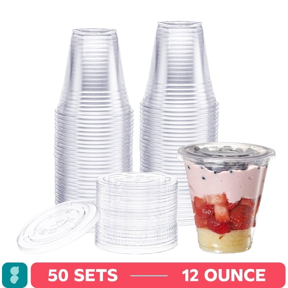 GUSTO 12 Oz Clear Plastic Cups Disposable Cups with Flat Lids, No Hole, 50-Pack