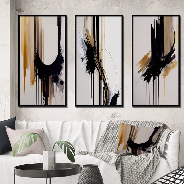 Designart "Minimalism in Gold I" Abstract Framed Wall Art Set Of 3 - Black Modern Frame Canvas Set For Living Room Decor