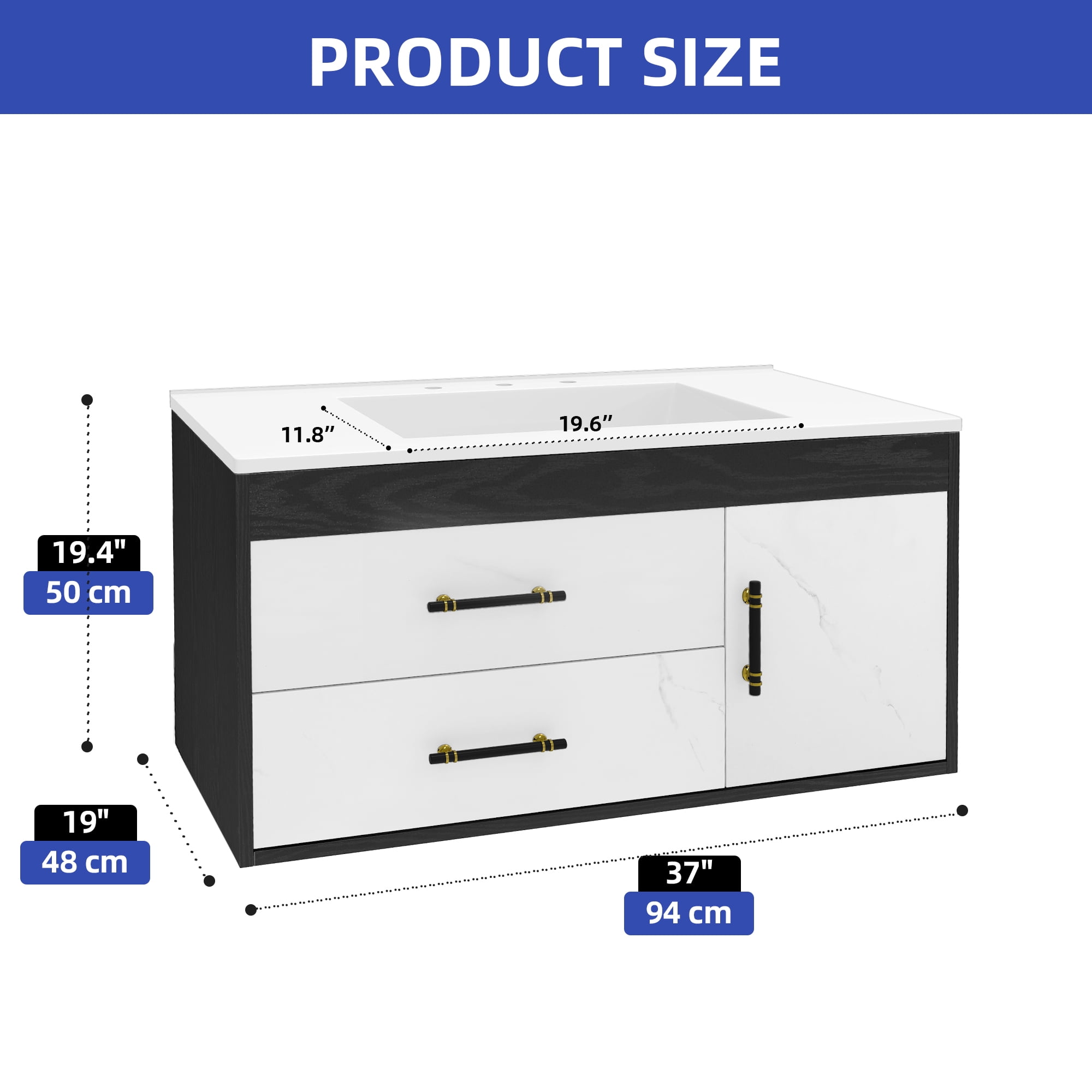 ModFusion 37" Bathroom Vanity Cabinet with SMC Single Basin & Dual Drawers with Soft-Close Doors, Black White