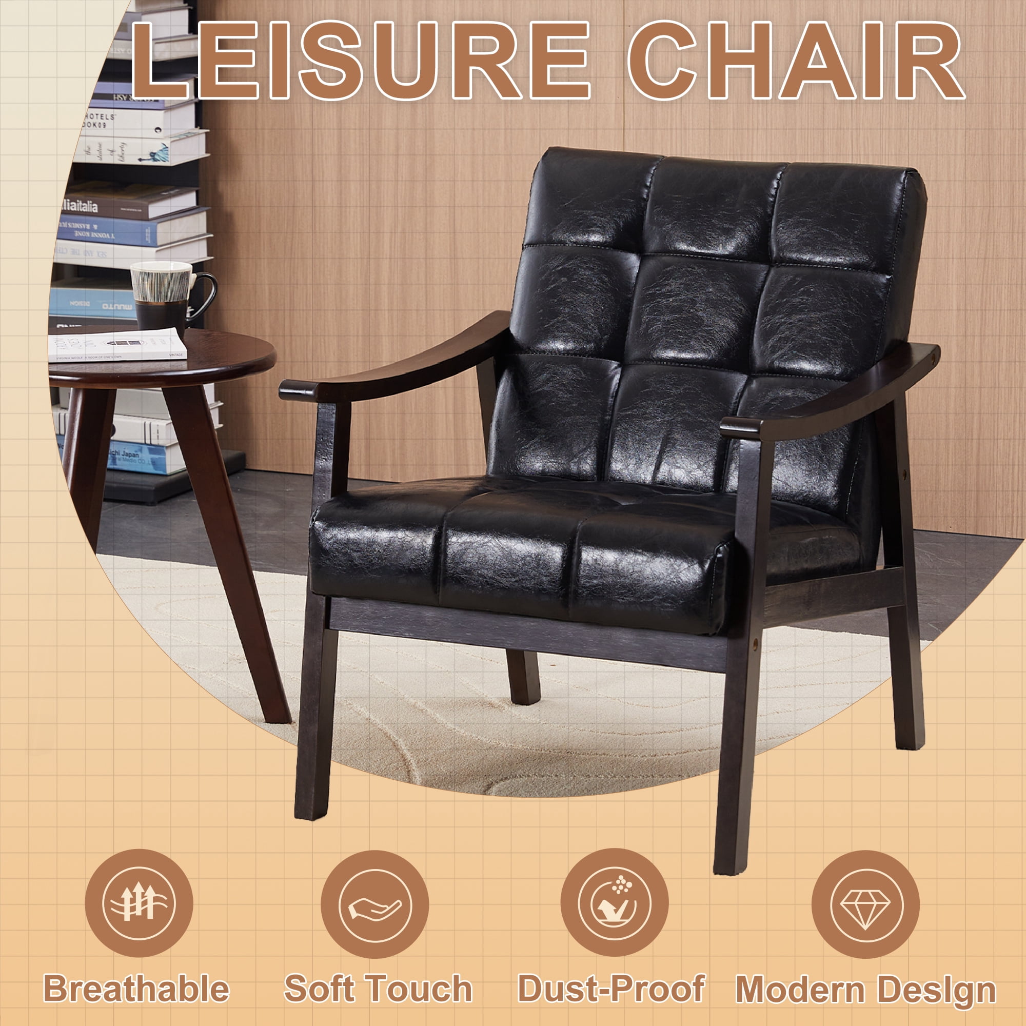 HOQBN Modern Armchair with High Back,Upholstered Living Room Chairs with Solid Wood Legs,Leisure Reading Chair for Living Room, Bedroom,Black