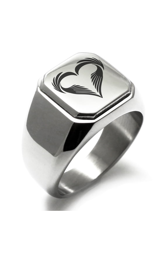 Stainless Steel Feather Heart Engraved Square Flat Top Biker Style Polished Ring