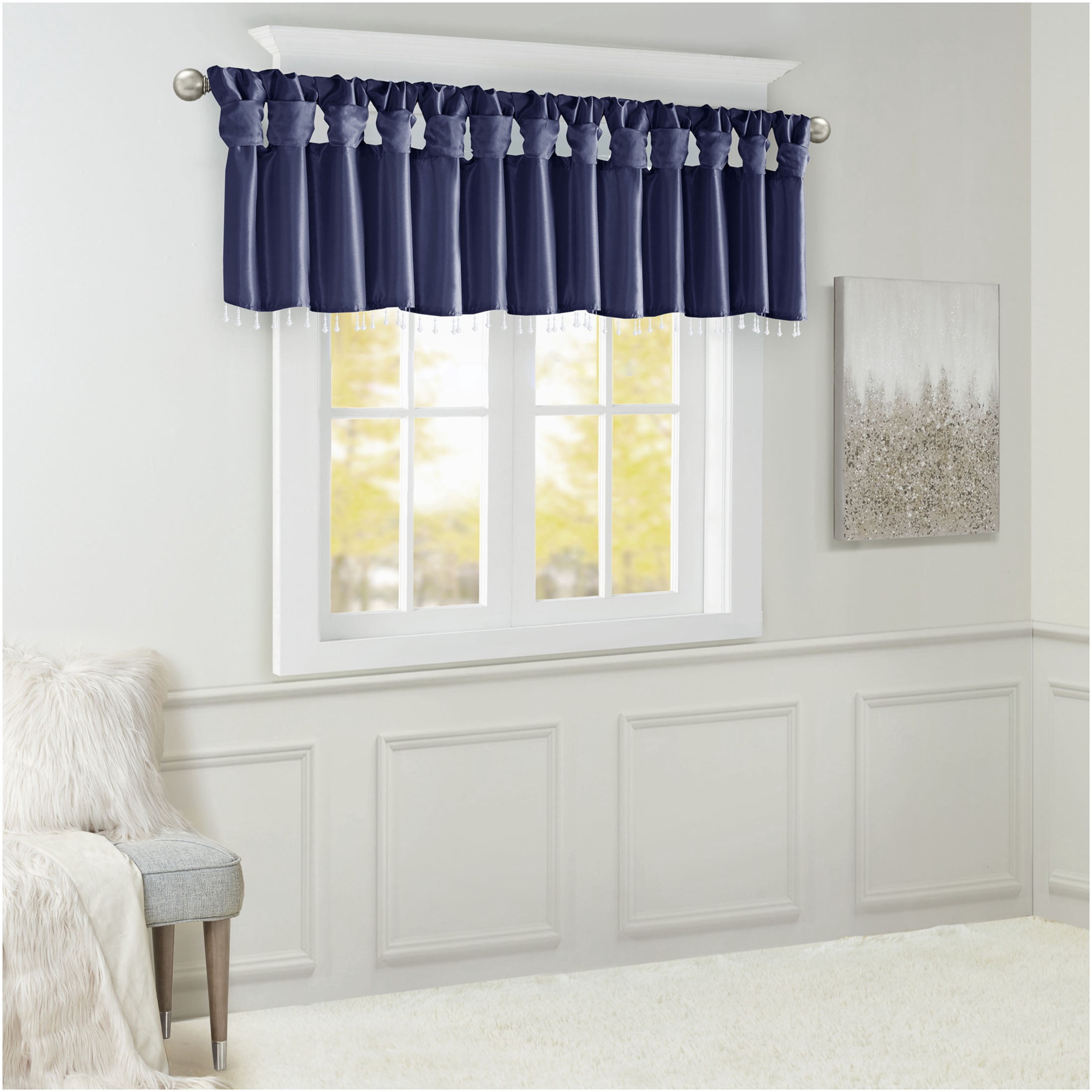 JERFIT Navy Blue Faux Silk Window Valance with Beaded Trim, 50x26 Inch DIY Twist Tab Top Curtain for Elegant Home Decor