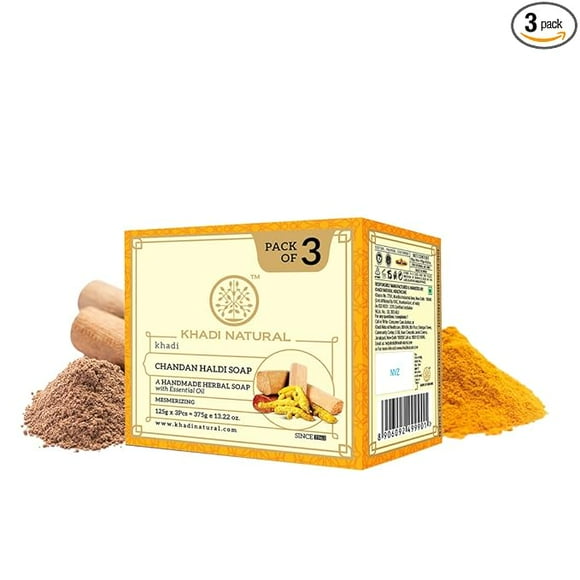 Khadi Natural Chandan Haldi Soap | with Essential Oils | Anti-Ageing Soap | Suitable for All Skin Types|Pack of 3 | (125gm *3) (375gm)