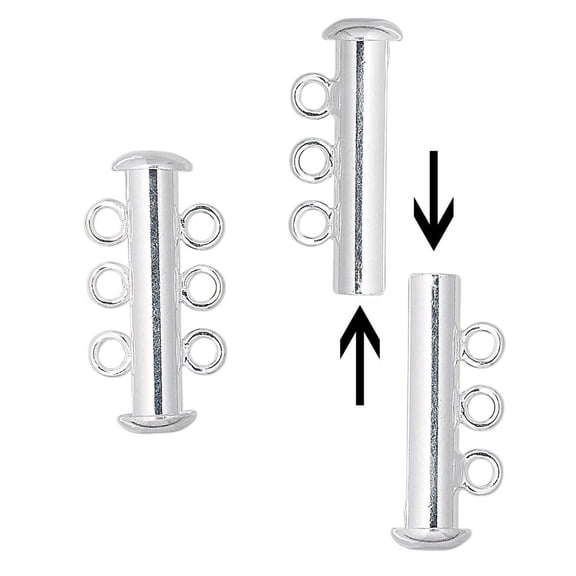 4 Sets BdBeads Multi Strand Slide Lock Tube Jewelry Clasps with Loop Rings, 3 Strand Design, Silver Plated