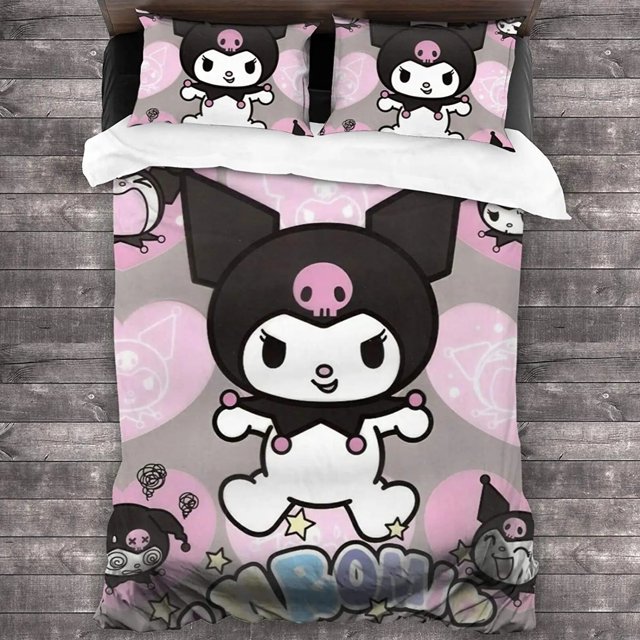Juego de ropa de cama con dibujos animados de Anime Sanrio Kawaii Kuromi, edredón, funda de almohada, ropa de cama para niños