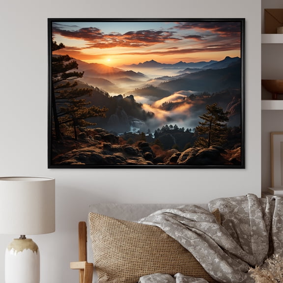 Designart "Mountain Majesty Sunset's Embrace I" Landscapes Framed Wall Art - Country Yellow Forest River Mountains Entryway Framed Wall Art