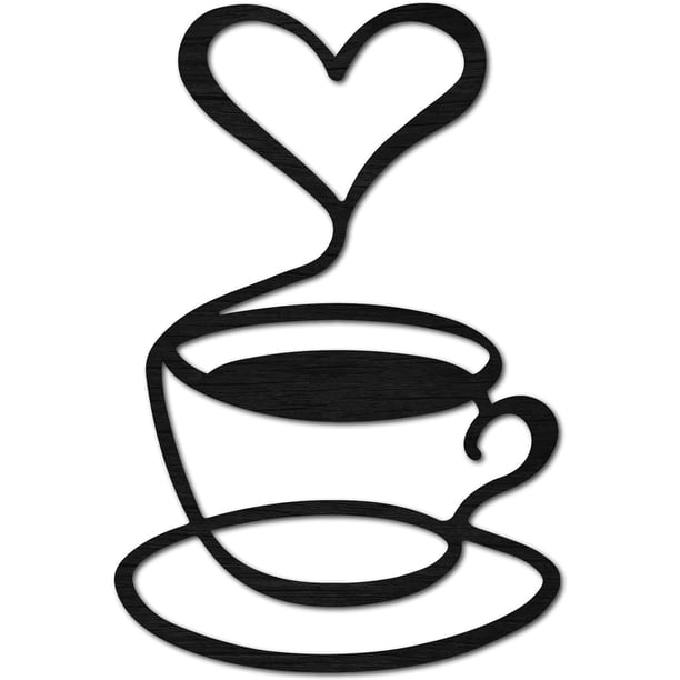 Decoración de pared de madera con forma de taza de café, arte de pared de café negro, silueta de taza de café, decoración colgante, corte láser, letrero rústico de café con forma de corazón