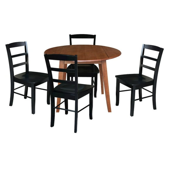 42" Round Solid Wood Dual Drop Leaf Table with 4 Chairs in Distressed Oak