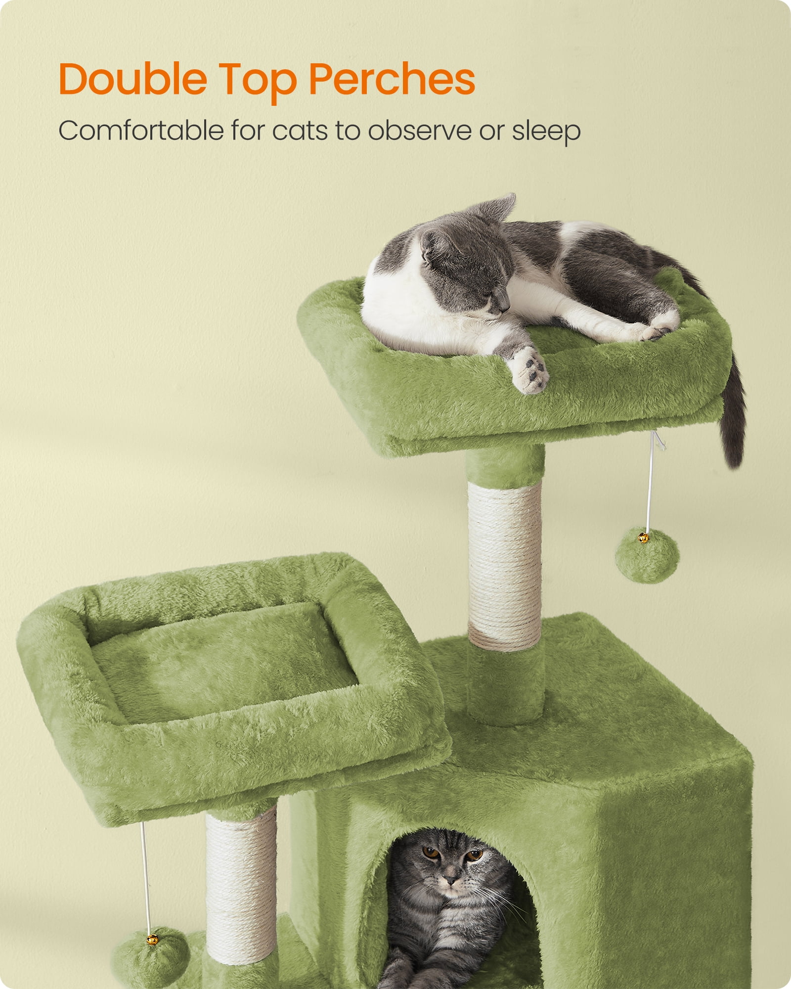 45.3-Inch Cat Tower with Scratching Ramp, Multi-Level Cat Condo with Spacious Cave & 2 Perches, 110 lb Capacity for Adult Cats Kittens, Grass Green